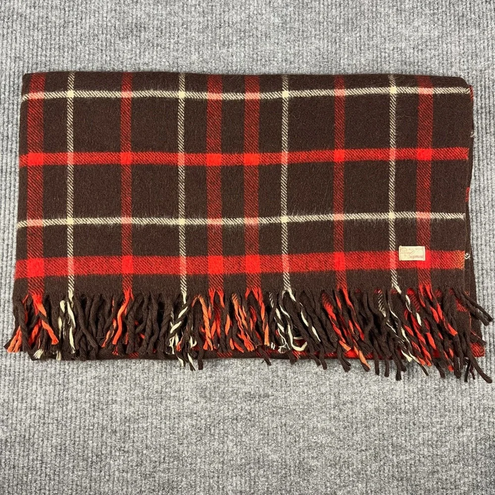Vtg 60s Seymour Wool Blanket 64x55 All Wool Brown Red Plaid Fringe Made in USA